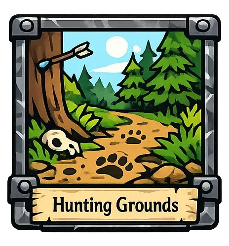 Illustration of the hunting grounds: open woodland with tracks and traps.