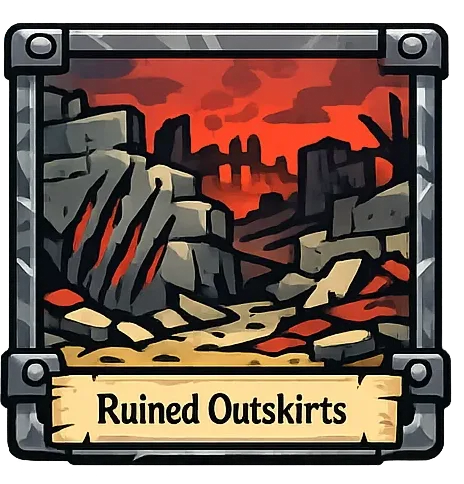 Illustration of the ruined outskirts: broken walls and overgrown stone.