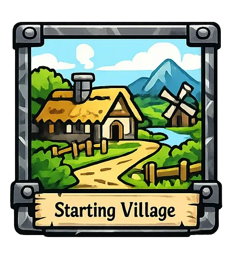 Illustration of the starting village: thatched cottages around a central well.