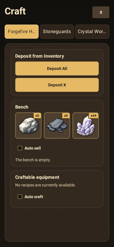 The Craft screen showing district tabs, a deposit panel, a crafting bench holding stone, slate and quartz, and a craftable equipment list.