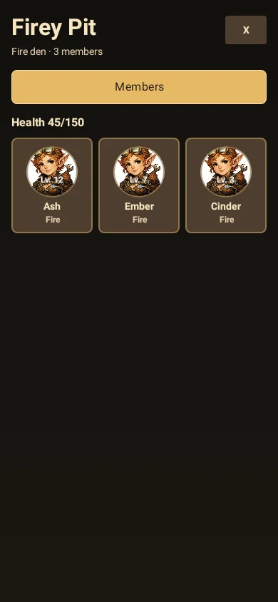 A monster den screen titled Firey Pit showing den health and three fire-element member portraits.