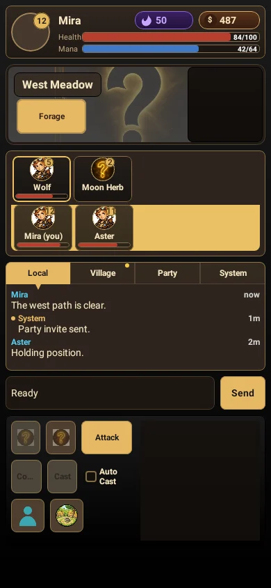 The main game screen: character portrait with health and mana bars, a location panel with a Forage action, nearby entities, a chat log and the action bar.
