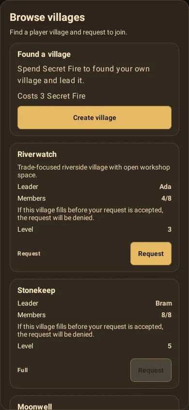 The Browse villages screen listing player villages with leader, member count and level, each with a request-to-join button.